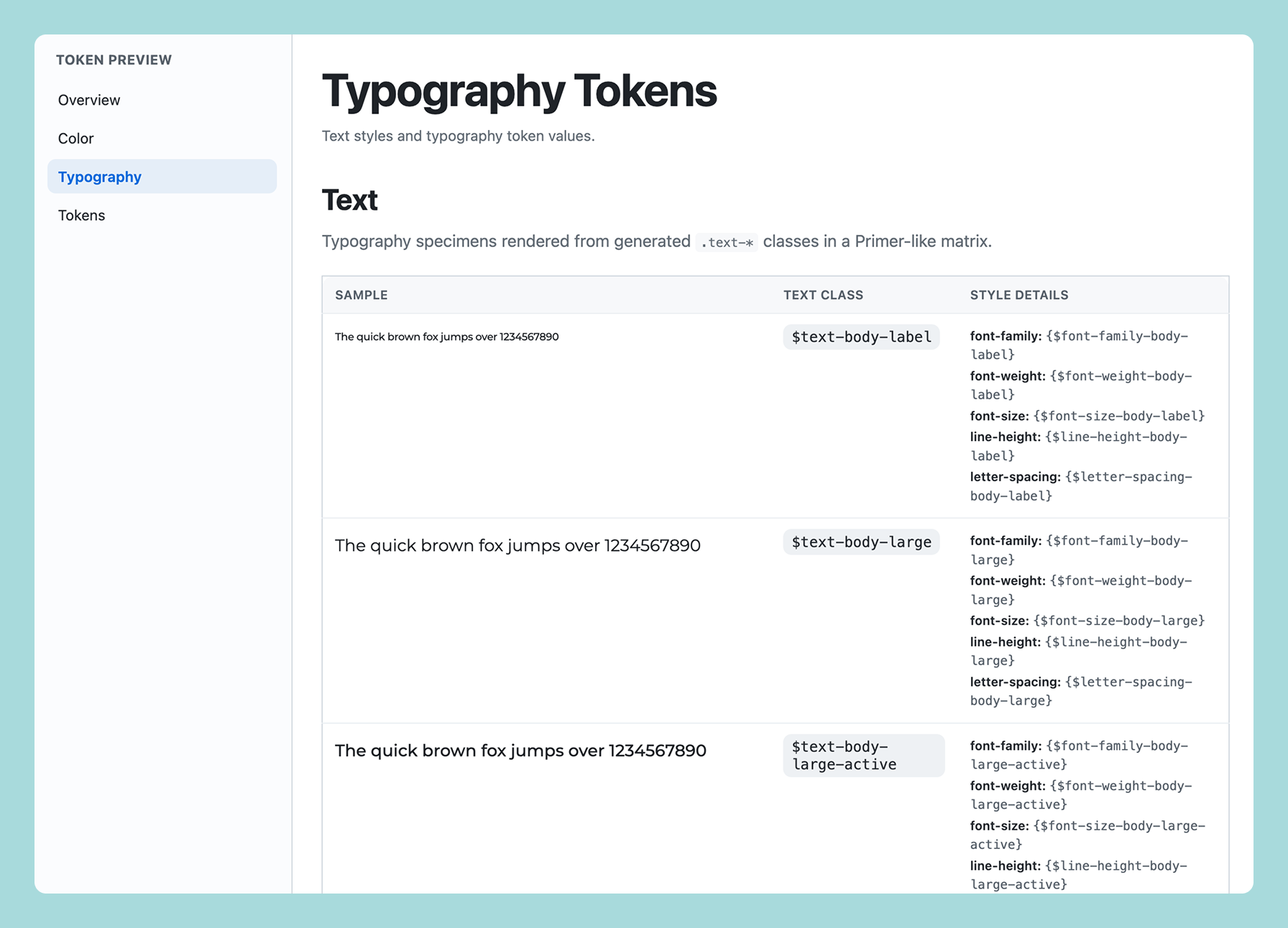 HTML token preview sandbox showing generated typography token values and semantic class names